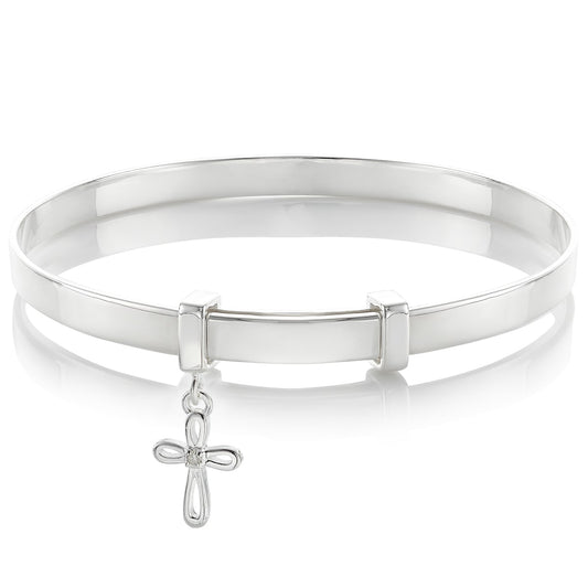 Cherish Cross Diamond Christening Bangle - Sterling Silver
