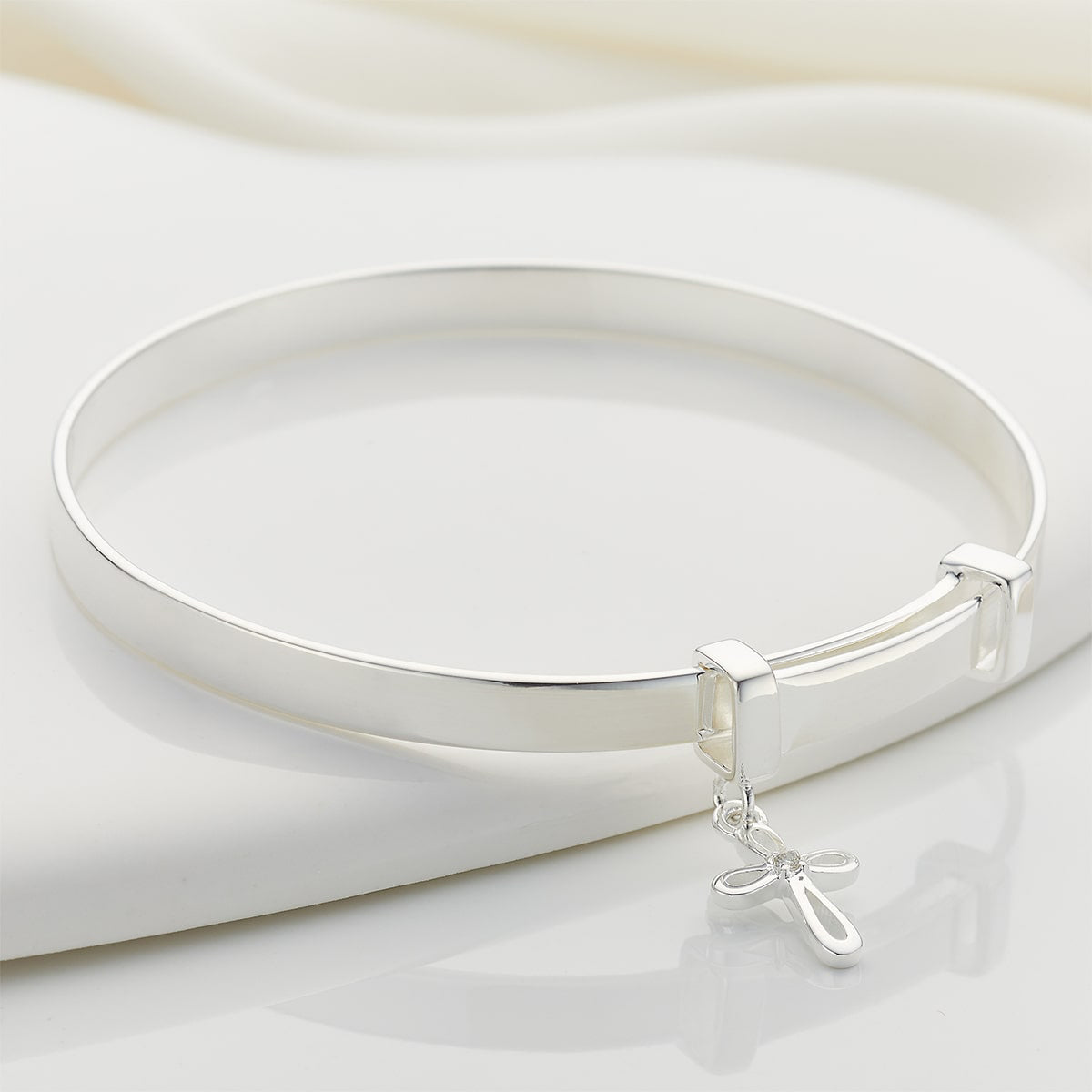 Cherish Cross Diamond Christening Bangle - Sterling Silver