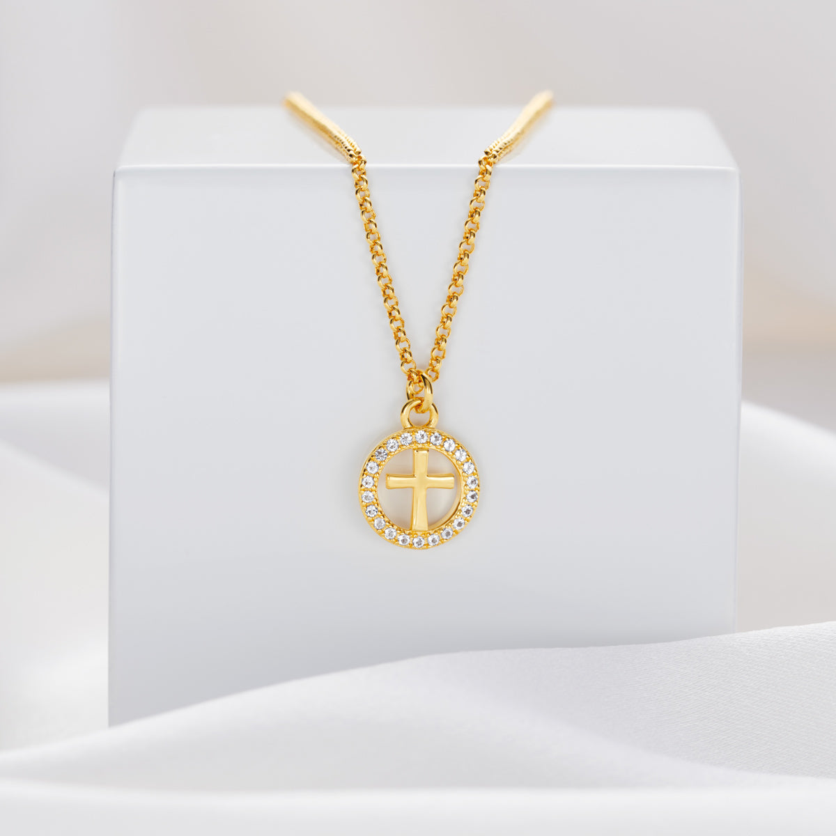 Halo Cross White Topaz Necklace - Gold Plated
