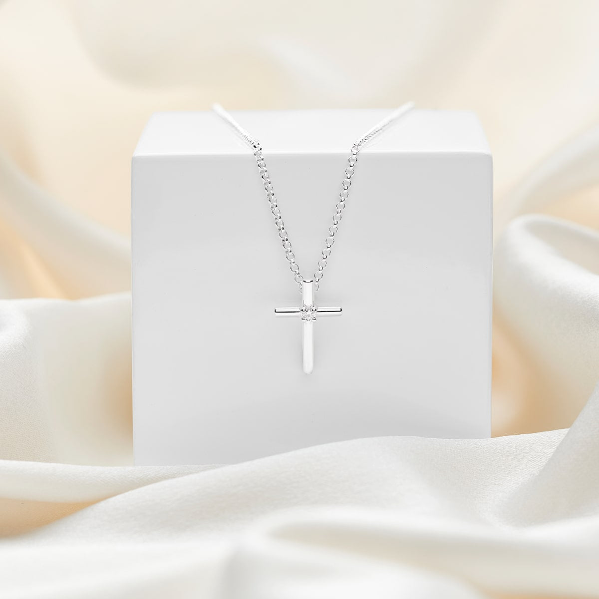 Faith Rounded Cross Diamond Necklace - Sterling Silver