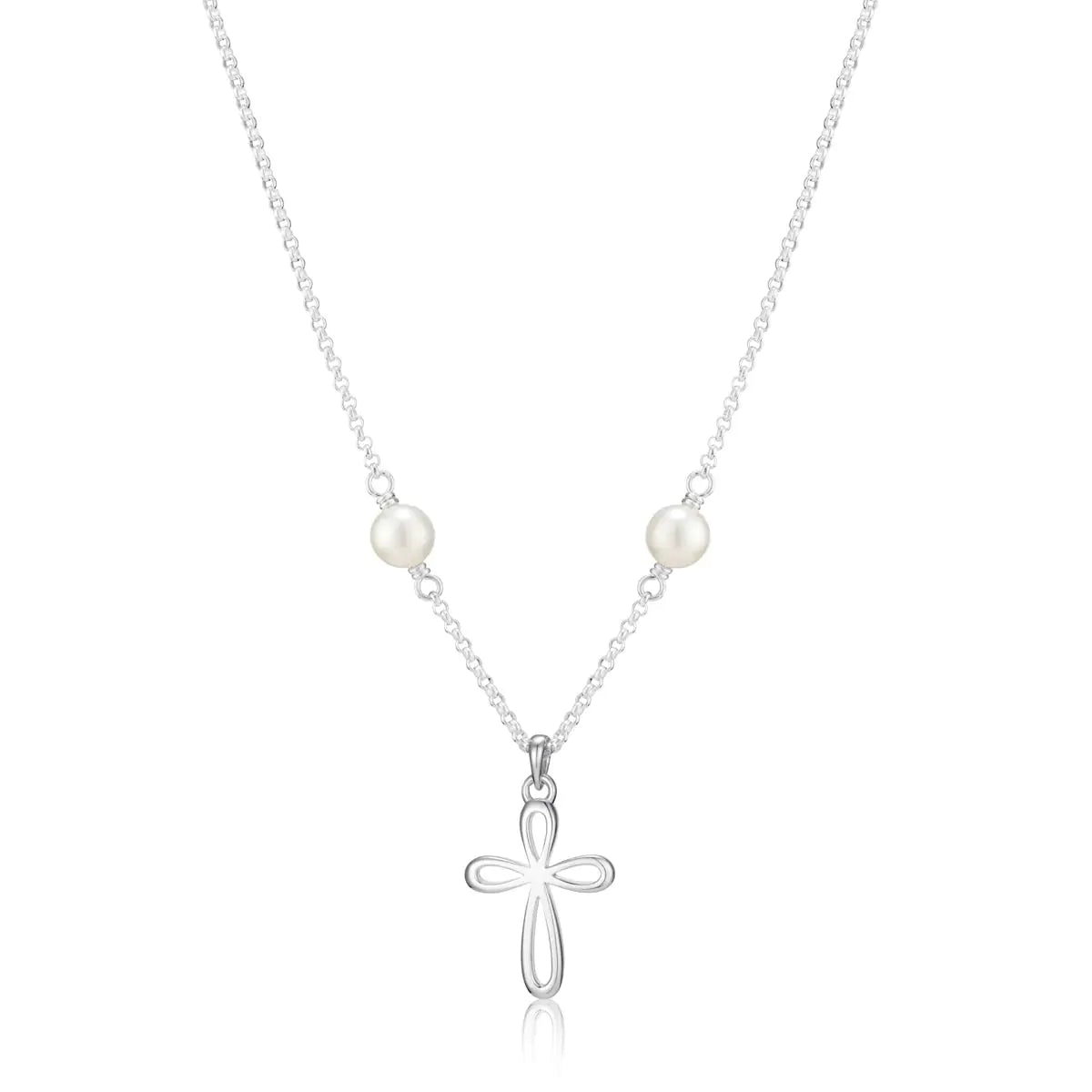 Silver cross pendant necklace with pearls on a white background