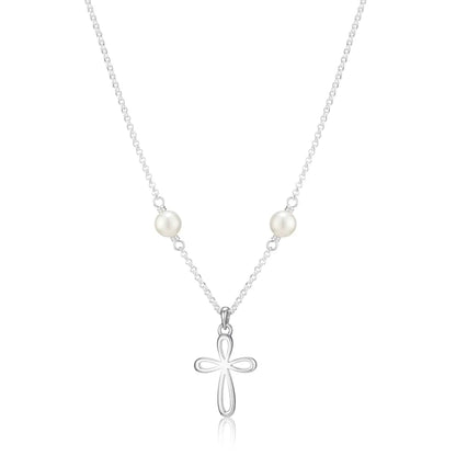 Silver cross pendant necklace with pearls on a white background