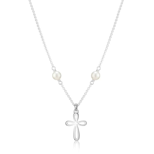 Silver cross pendant necklace with pearls on a white background