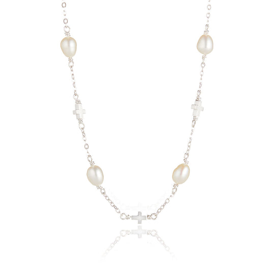Cross Pearl Station Necklace