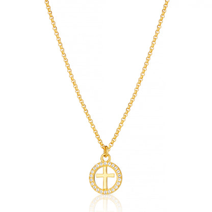 Halo Cross White Topaz Necklace - Gold Plated