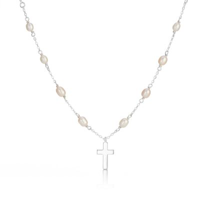 Rosary Cross & Pearl Station Necklace