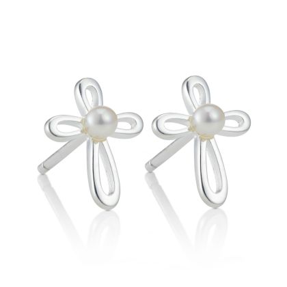 Sterling Silver Cherish Pearl Cross Stud Earrings 