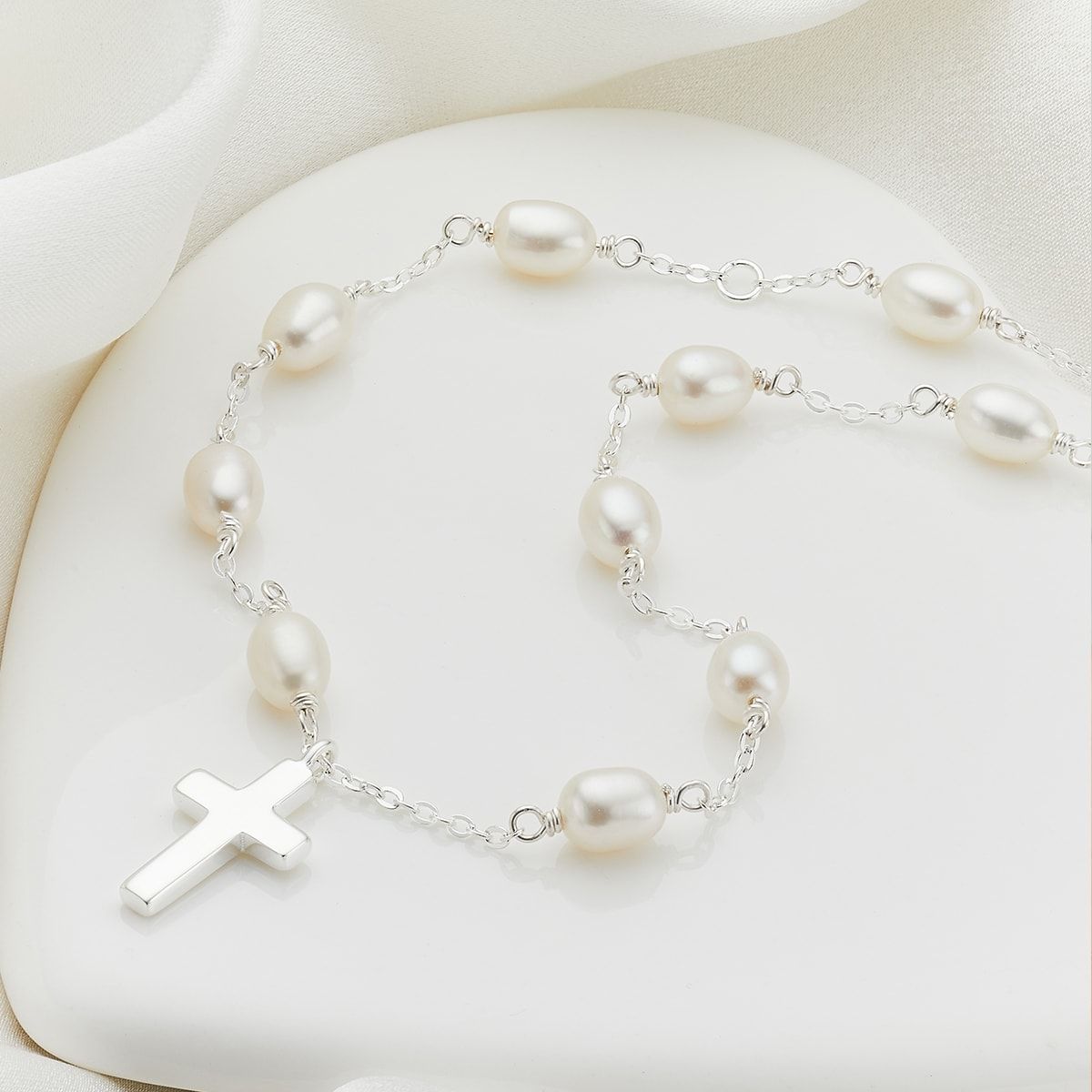 Rosary Pearl And Cross Necklace