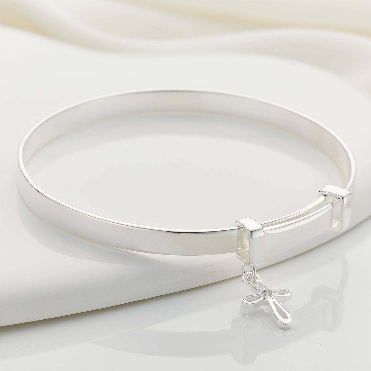 Silver Diamond Cross Christening Bangle  — Cherish