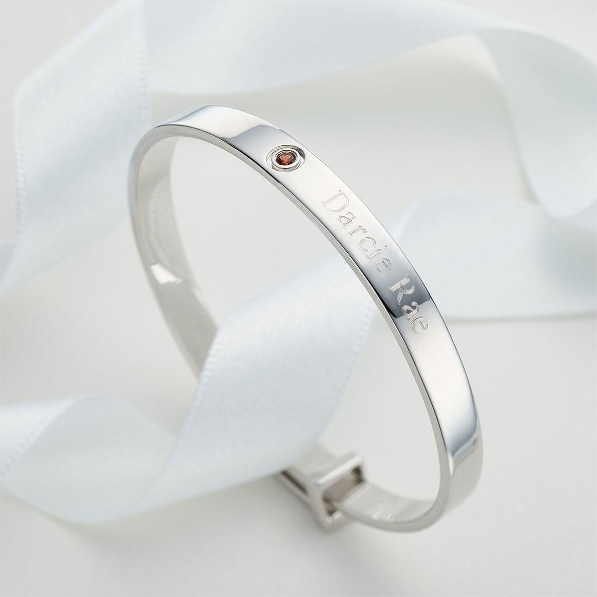 Silver Garnet Baptism Baby Bangle — January Birthstone