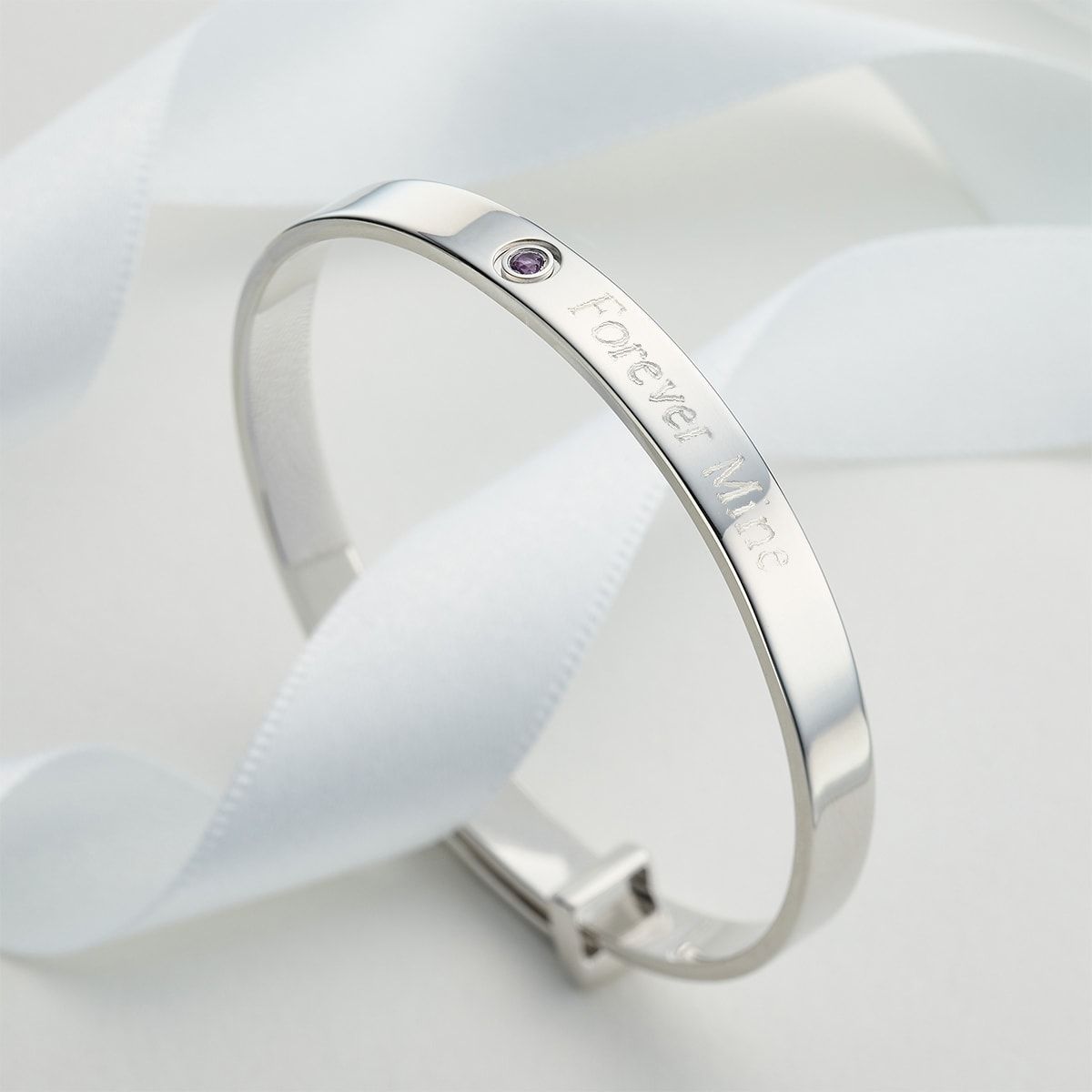 Silver Amethyst Baptism Baby Bangle — February Birthstone