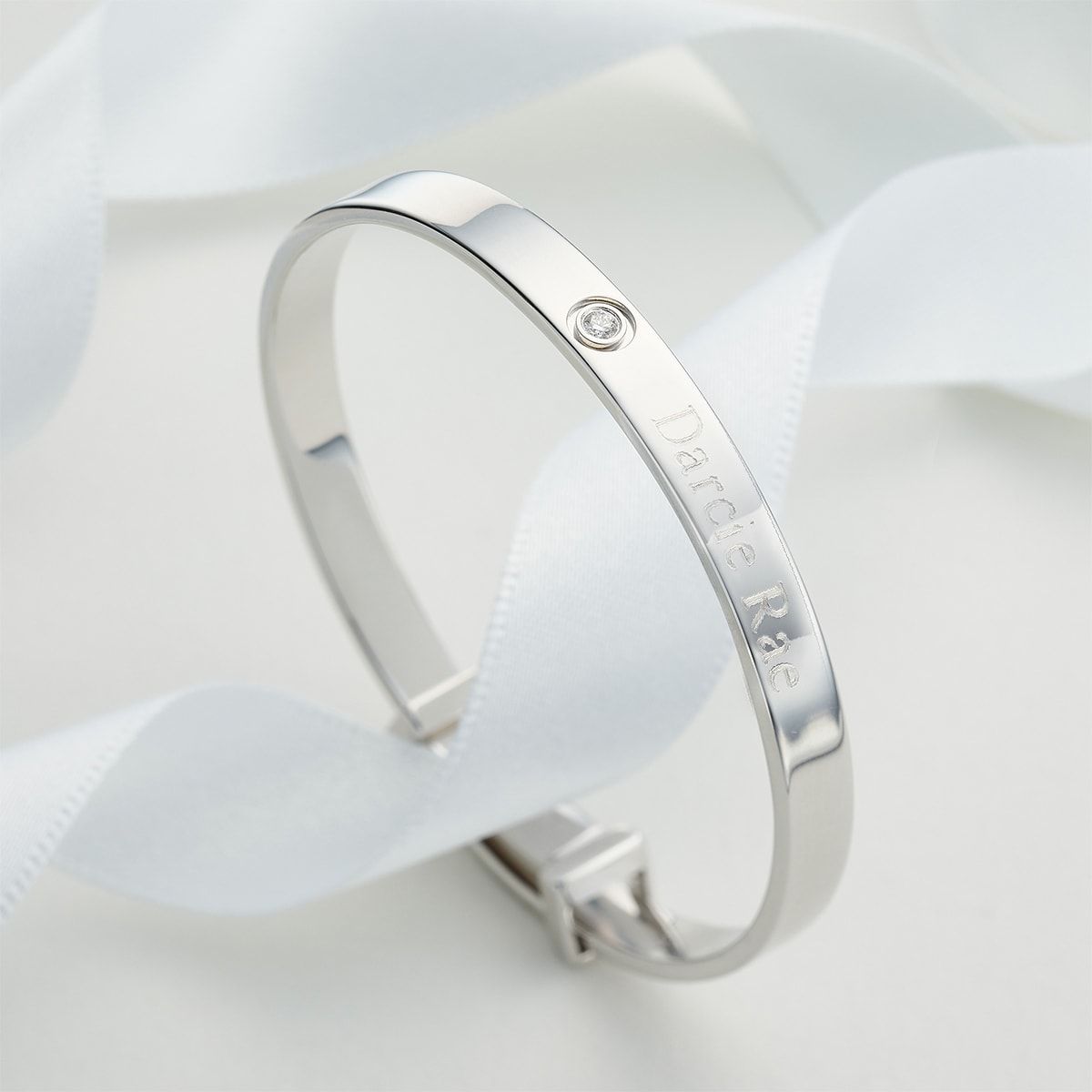 Silver Diamond Baptism Baby Bangle — April Birthstone