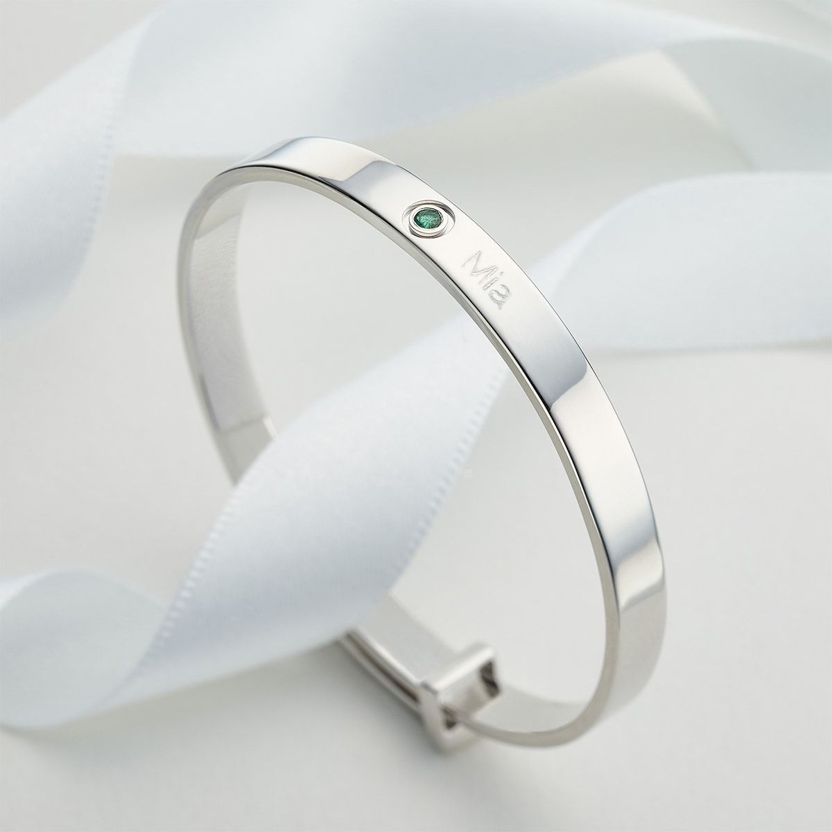 Silver Emerald Christening Baby Bangle — May Birthstone