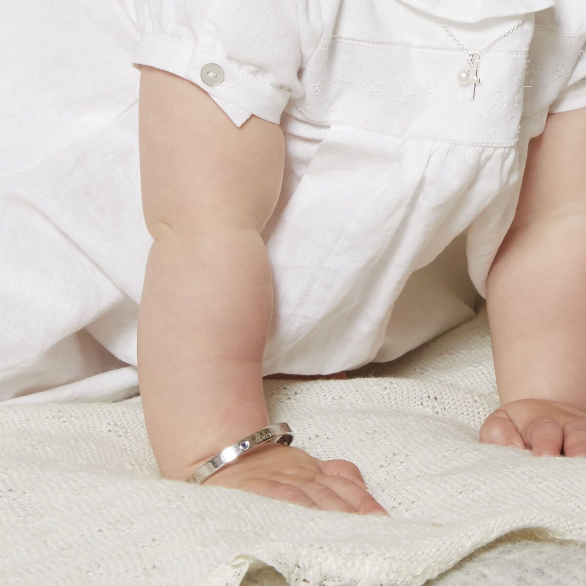 Silver Pearl Baptism Baby Bangle — June Birthstone