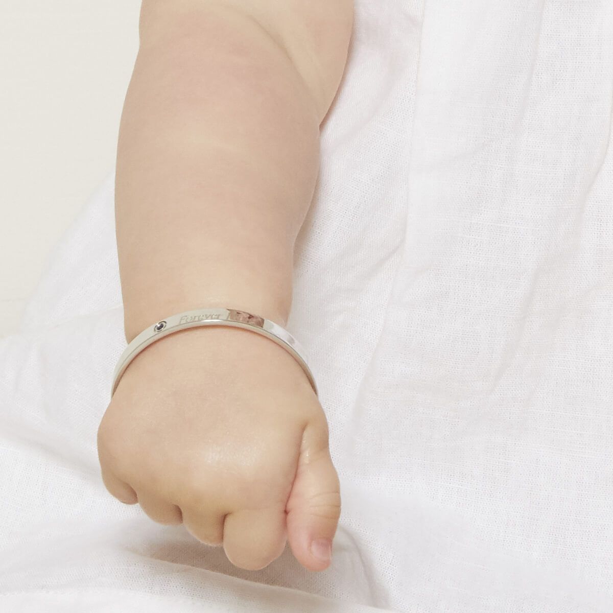 Silver Sapphire Baptism Baby Bangle — September Birthstone