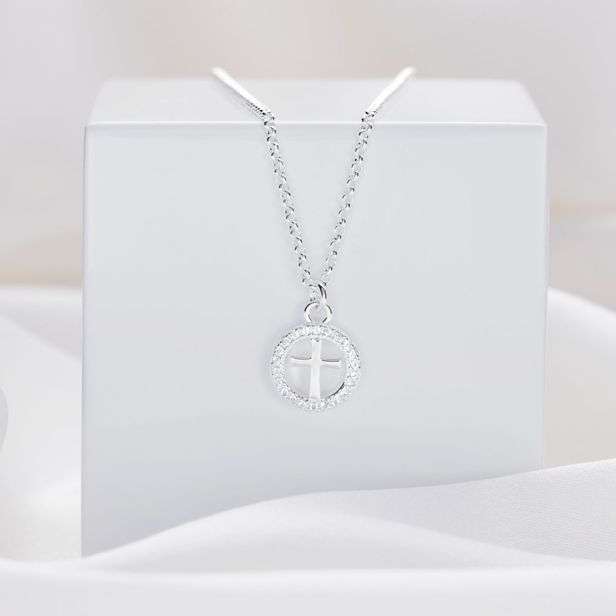 Sterling Silver White Topaz Halo Cross Necklace