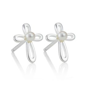 Sterling Silver Cherish Pearl Cross Stud Earrings 