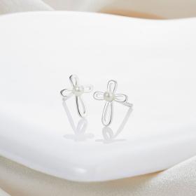 Sterling Silver Cherish Pearl Cross Stud Earrings 